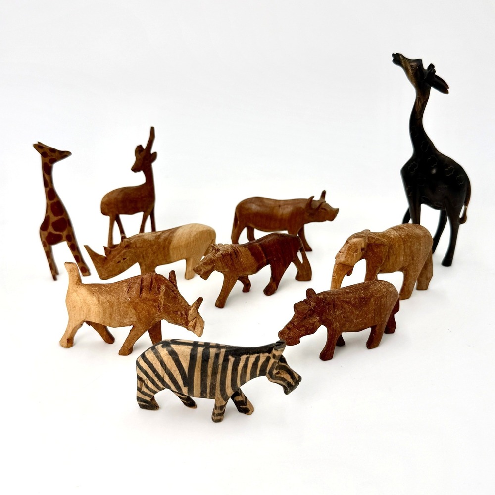 10pc Vintage Hand Carved Wood African Safari Animal Figurine Set Giraffe Zebra